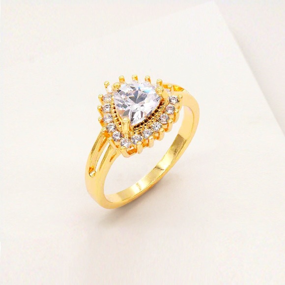 Gold CZ Trillion Stone Halo Ring - Picture 1 of 1